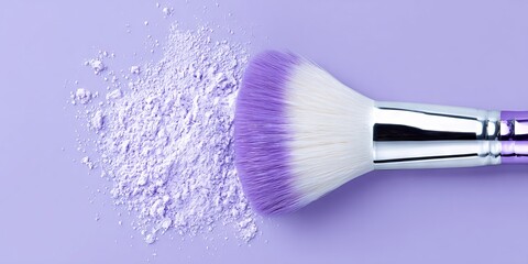 Makeup brush with soft bristles rests beside a pile of lavender powder on a pastel purple background, showcasing beauty tools and vibrant colors for cosmetic applications