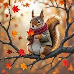 A whimsical squirrel, dressed in a tiny jacket and scarf, holds a vibrant autumn maple leaf while perched on a branch