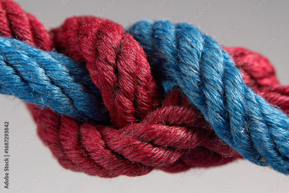 Poster Red and blue ropes intertwined in a complex knot close up view showing texture and detail