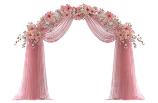 Romantic wedding arch with pink flowers isolated on transparent background