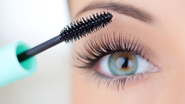 Close-up of a woman applying mascara with a brush, showcasing long eyelashes and vibrant eye color, highlighting beauty and makeup application techniques for personal care