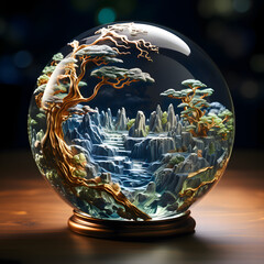 Detailed glass sphere with forest scene and glowing reflections