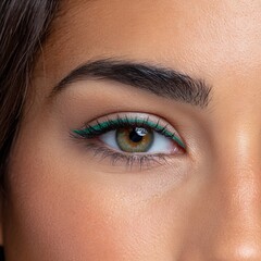 Obraz premium Close-up of a young woman with striking green eyeliner and captivating hazel eyes, showcasing beauty and confidence in a vibrant, natural setting with soft lighting