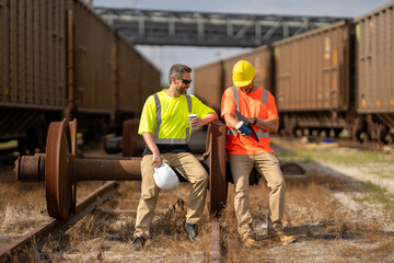 Railway workers checking railway track is level. engineer wearing a safety vest standing...