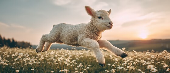 Adorable young lamb frolicking and jumping in a lush flower meadow du golden hour with a beautiful sunset sky and countryside background