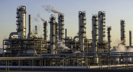 Obraz premium Industrial Refinery Plant at Golden Hour: Towering Columns, Extensive Piping, and Atmospheric Emissions
