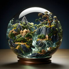 Crystal snow globe featuring miniature landscape with trees and mountains