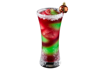 A festive, vibrantly colored, swirled cocktail with red and green hues, garnished with a Christmas ornament, presented in a tall glass rimmed with sugared crystals.
