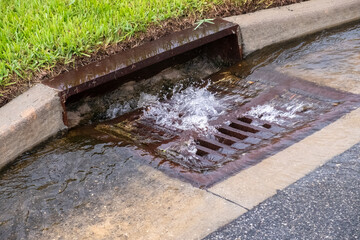 Extreme Closeup of Water Gushing Into Storm Drain on a Residential Street During a Torrential...