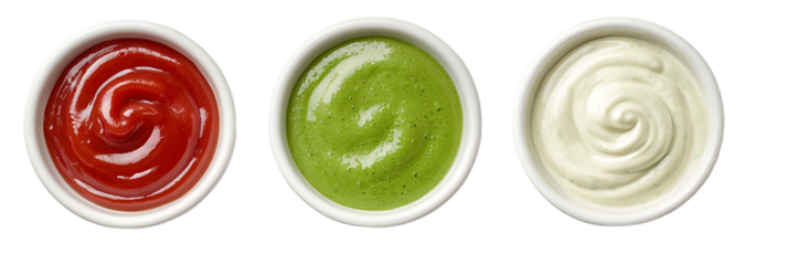 Three bowls with ketchup, wasabi and mayonnaise isolated on transparent background