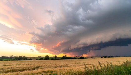Fototapeta premium Dramatic sunset over a wheat field with a large storm cloud