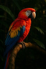 Obraz premium Vibrant scarlet macaw perched on branch in lush jungle setting, evoking tropical paradise and wildlife beauty