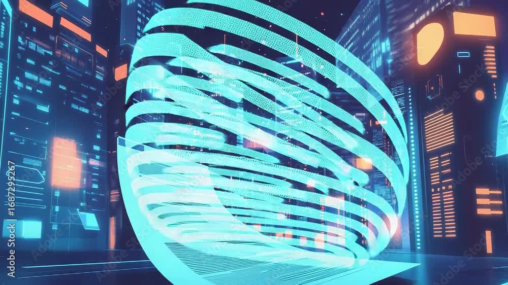 Poster digital document levitating in futuristic cyberpunk city with data flowing