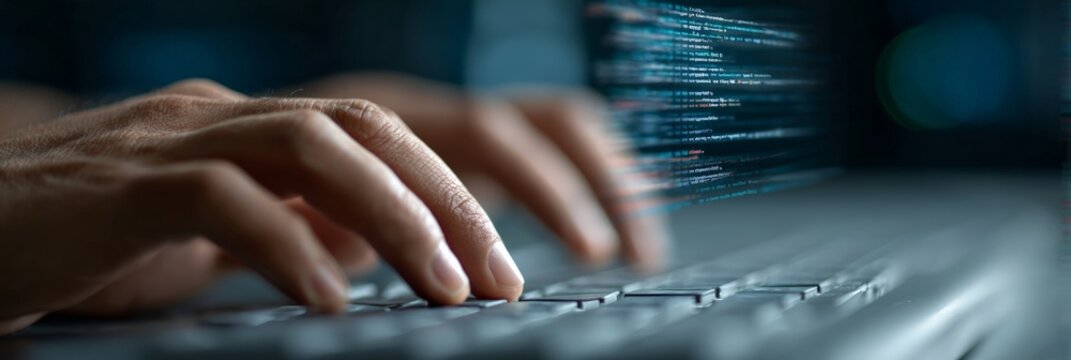 Computer programmer writing code on a keyboard with an ai generated hologram of computer code floating above, showcasing the future of software development