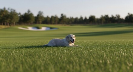Golden Retriever Puppy Relaxing on a Lush Green Golf Course with Distant Sand Trap