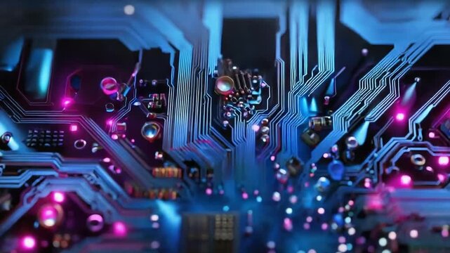 Close-up of a computer motherboard circuit board with chips and glowing LEDs.