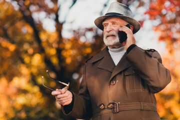 Senior man talking on the phone in autumn park holding glasses and enjoying the sunny weather of...