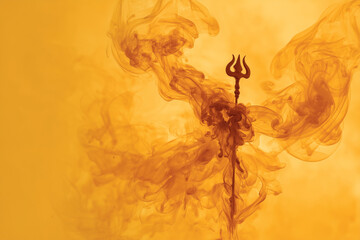 Fototapeta premium Abstract trishul emerging from saffron mist for Navratri divine branding. 