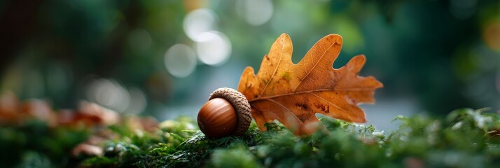 Autumn acorn and leaf on moss nature close-up forest floor tranquil seasonal beauty