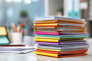 A tall stack of colorful files sits on a desk in an office