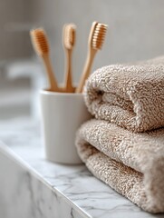 Close-up of bamboo toothbrushes and beige towels on a marble bathroom counter, suggesting a sustainable lifestyle.
