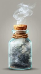 Mystical Glass Bottle, Grey and Blue, Containing Smoke and Magic with Copy Space