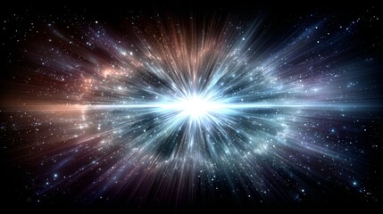 Dynamic cosmic starburst explosion, vibrant multicolored light rays, universe energy and science fiction background