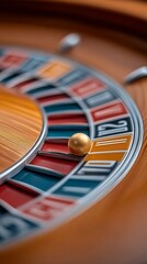 Obraz premium Close-up golden ball on spinning roulette wheel, vibrant multicolored and wood tones, gambling casino and game of chance
