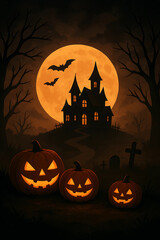 A spooky Halloween night, a haunted gothic house on a hill under a giant glowing full moon, A cute Halloween illustration, A luxurious fantasy Halloween scene, A minimalist Halloween design