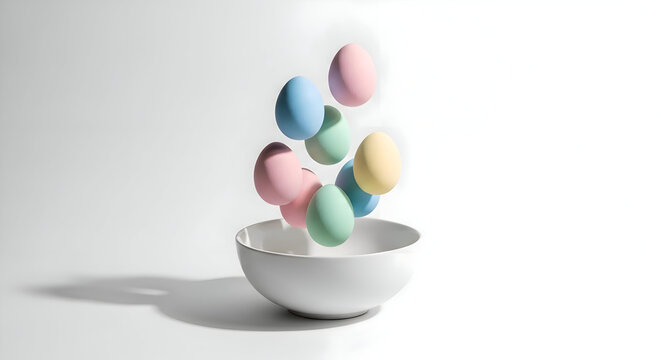 Pastel Easter eggs gently falling into a pristine white bowl evoking springtime - Powered by Adobe