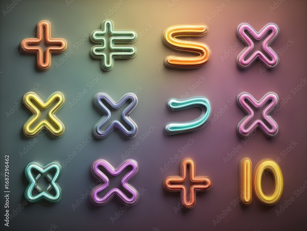 Poster iridescent glowing 3d symbols, vibrant multicolored on gradient background, mathematics digital desi
