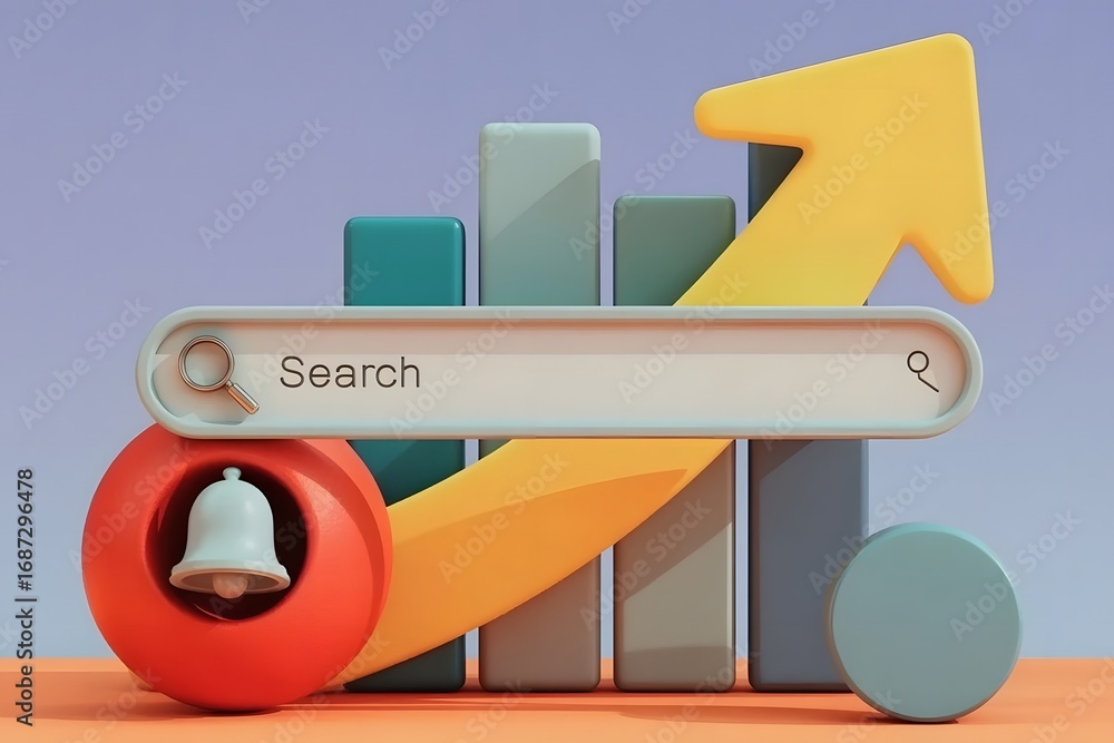 Poster conceptual 3d illustration representing business growth and success with a rising arrow search bar a