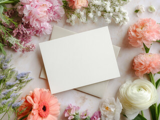 Blank card surrounded by colorful flowers including pink peonies, white ranunculus, and orange gerbera daisies creates fresh and inviting scene
