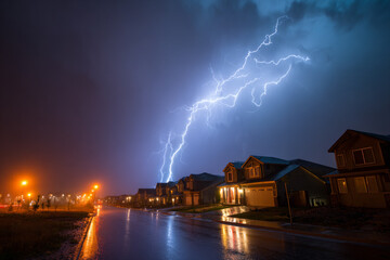Nighttime lightning storm over suburban houses street wet road
