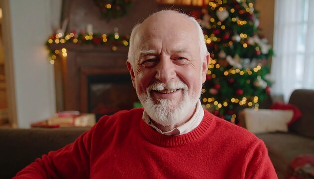 Smiling senior man in red sweater during Christmas - Powered by Adobe