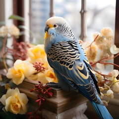 Blue and white budgie perched on branch in bright outdoor setting