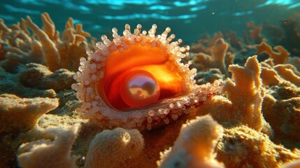 Obraz premium Magnificent underwater scene featuring a radiant pearl nestled inside a vibrant shell surrounded