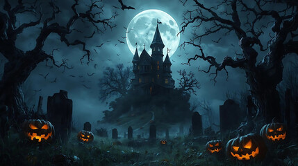 A spooky Halloween night, a haunted gothic house on a hill under a giant glowing full moon, A cute Halloween illustration, A luxurious fantasy Halloween scene, A minimalist Halloween design
