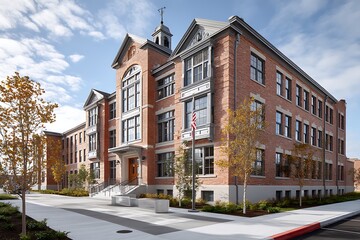 The exterior of a traditional American school building with brick facades, representing educational facilities and academic architecture.