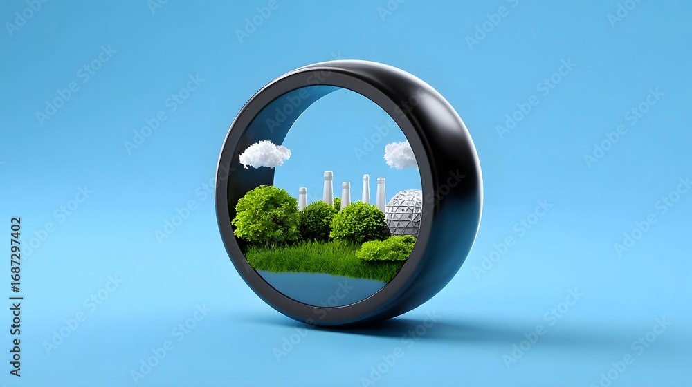 Poster a circular frame that reflects a serene city skyline with lush greenery and modern architecture, cre