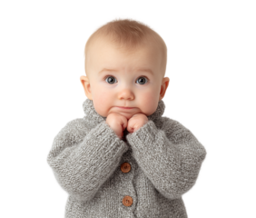 Adorable baby in a gray sweater isolated on transparent background is looking at camera