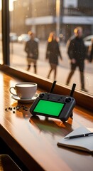Drone controller with a green screen sits beside coffee and notebook in a cafe, with blurred people outside.