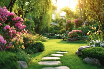 Obraz premium Garden Flowers and Plants on a Sunny Background. Beautiful ornamental Landscaping. Backyard English cottage garden on concrete pavement. Curvy green lawn edge, pathway design. Warm sunset sun light