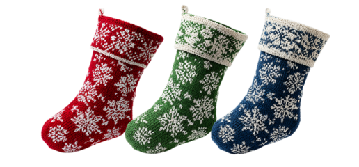 Three christmas stockings with snowflake pattern in red, green and blue colors isolated on transparent background