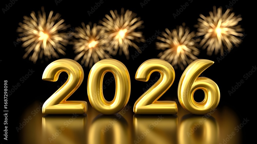 Poster vibrant golden fireworks exploding in the night sky, marking the start of the year 2026 with a dazzl
