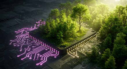 A conceptual image showing a forest growing on a computer chip with circuits.