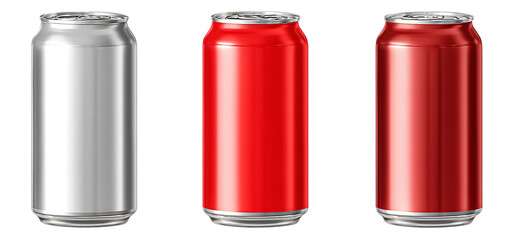 Three aluminum soda cans in silver and red isolated on transparent background