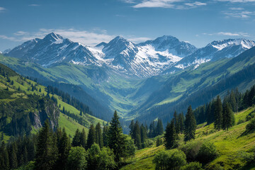 Fototapeta premium Majestic snowcapped mountains rise above lush green valleys and forests a breathtaking alpine landscape