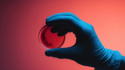 gloved hand holding petri dish red liquid