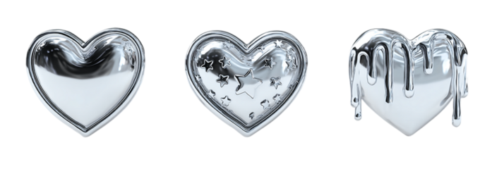 Collection of silver hearts isolated on transparent background for decoration